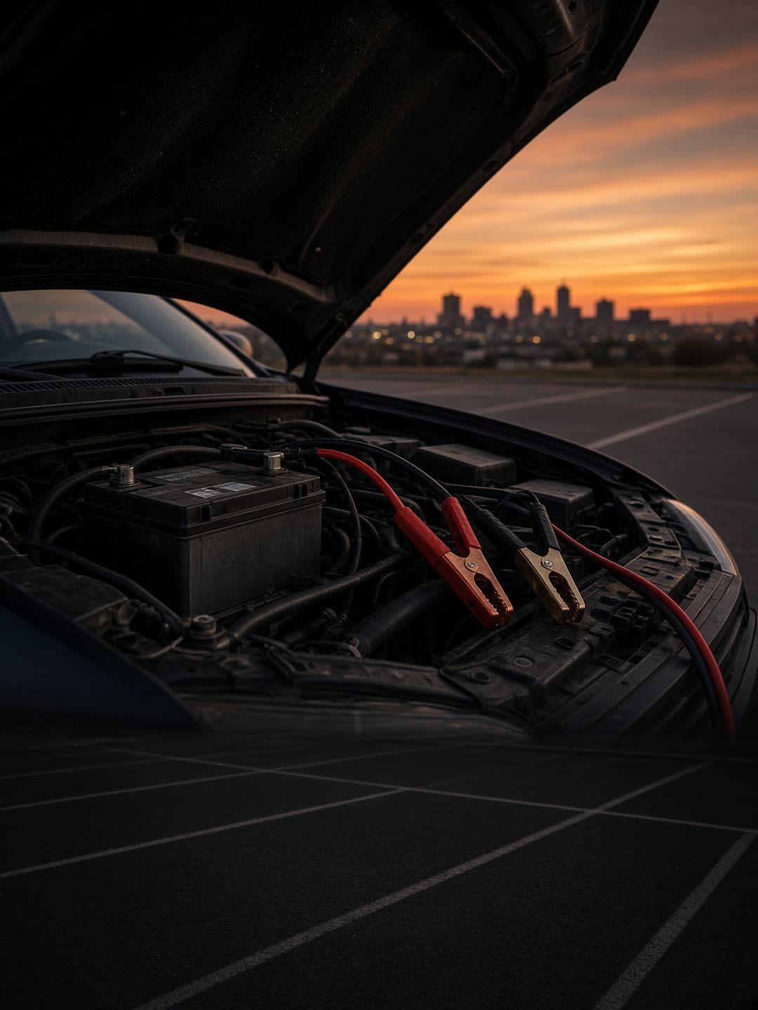 Open hood at dusk with jumper cables on the battery